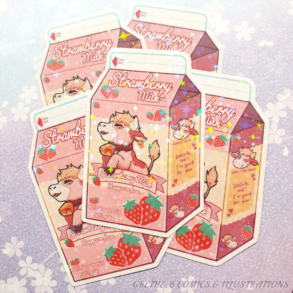 Holographic Sticker - Strawberry milk cow carton