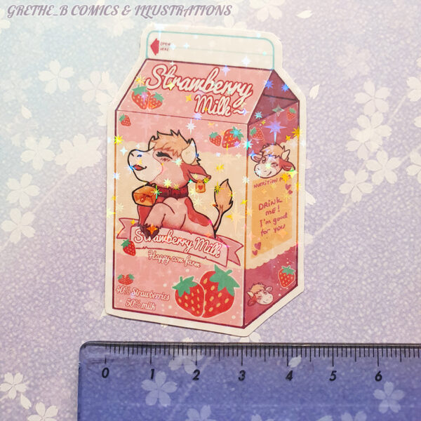 Holographic Sticker - Strawberry milk cow carton
