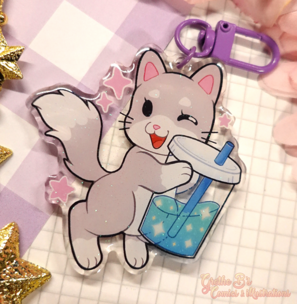 Double-sided Glitter acrylic keychain - Drink Cat