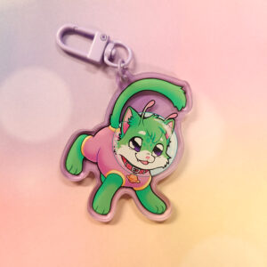 A green cat with small alien antennas, wearing a space suit with a purple keychain clamp