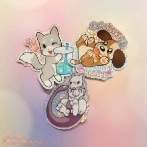 3 different designs as glitter stickers. Upper left: Cat with a big drink. Upper right: Dog with text saying; Out of energy, Goodbye! And Bottom: Mewtwo