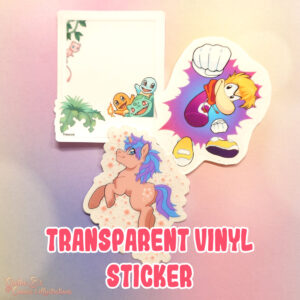 three different designs as transparent stickers. Upper left: A polaroid frame with pokemon starters and a mew peeking in. Upper right: a Sakura themed pony and Bottom: Rayman