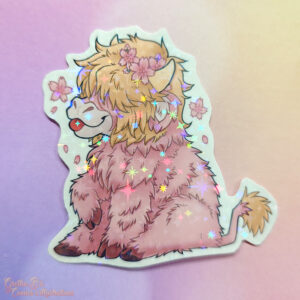 Holo Laminated Sticker - Sitting Sakura Cow