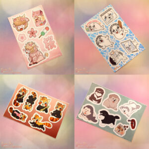 A Sticker Sheet collage, showing four different kinds of sheets and themes of motives. Upper left: Pink Sakura cow, Upper right: Cute, cartoony seal. Lower Left: Cute, Red panda and Lower Right: A bunch of plump, Husky puppies